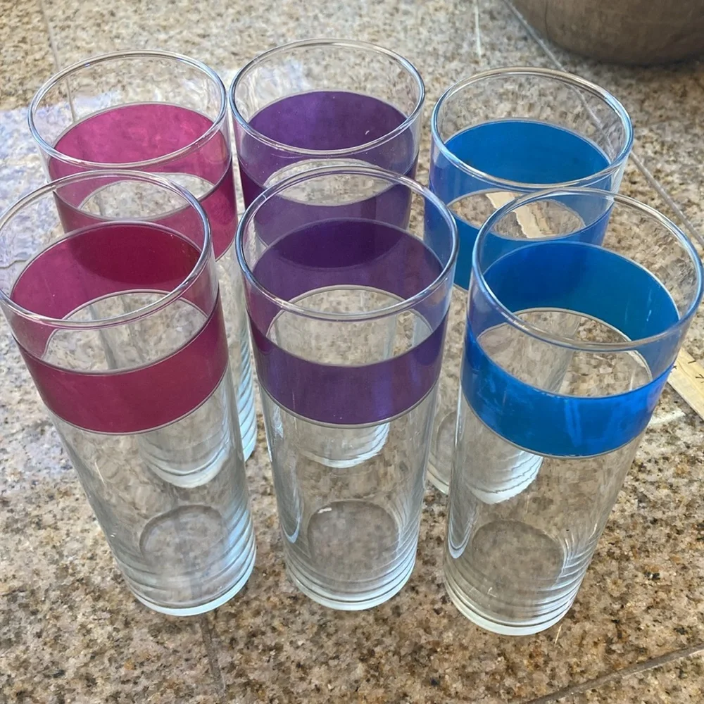Libbey VintageSet of 6 glasses featuring colorful Bands Pink Blue Purple Summer